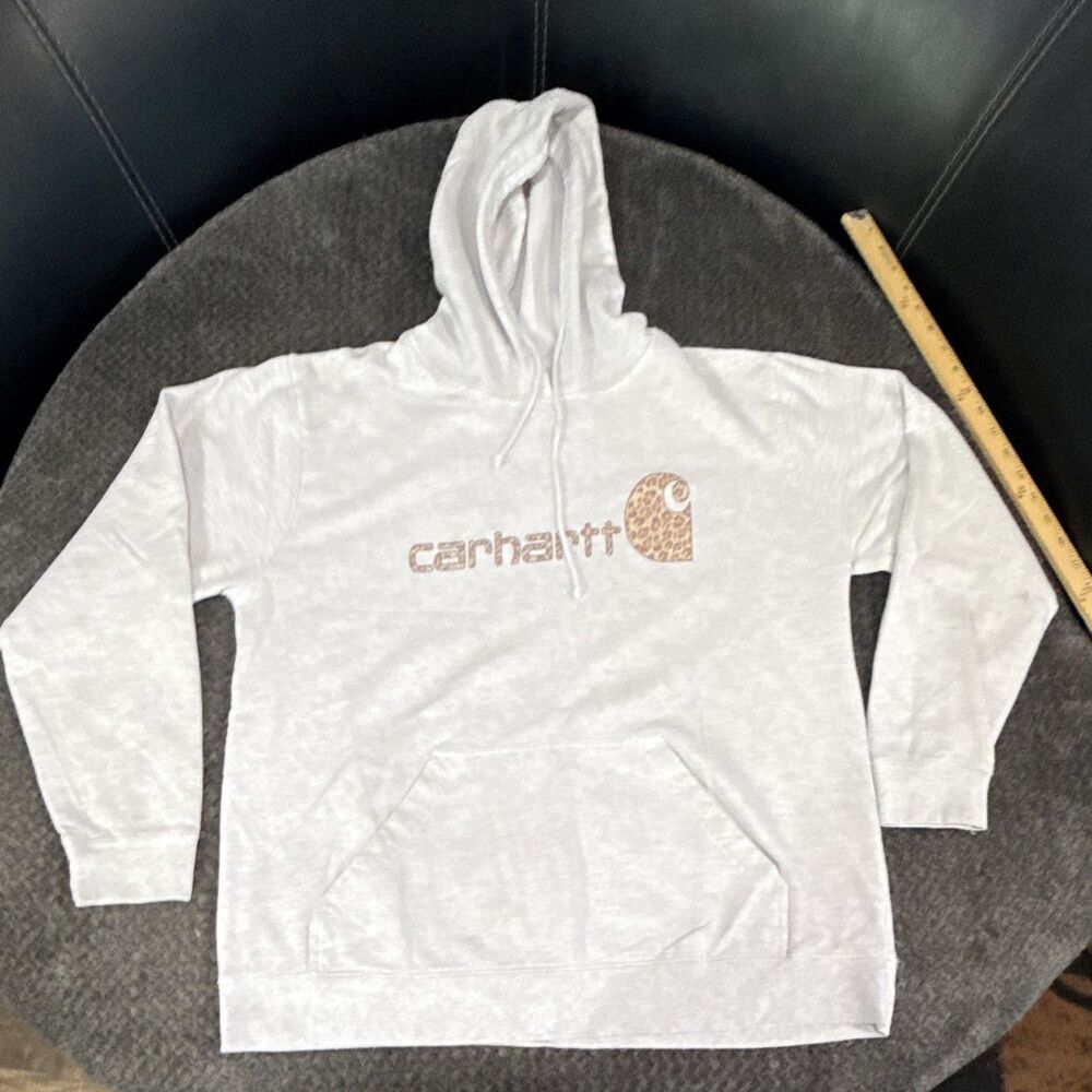 Women’s L Heather Grey Delta Fleece Light Hoodie w/Leopard Print Carhartt Logo